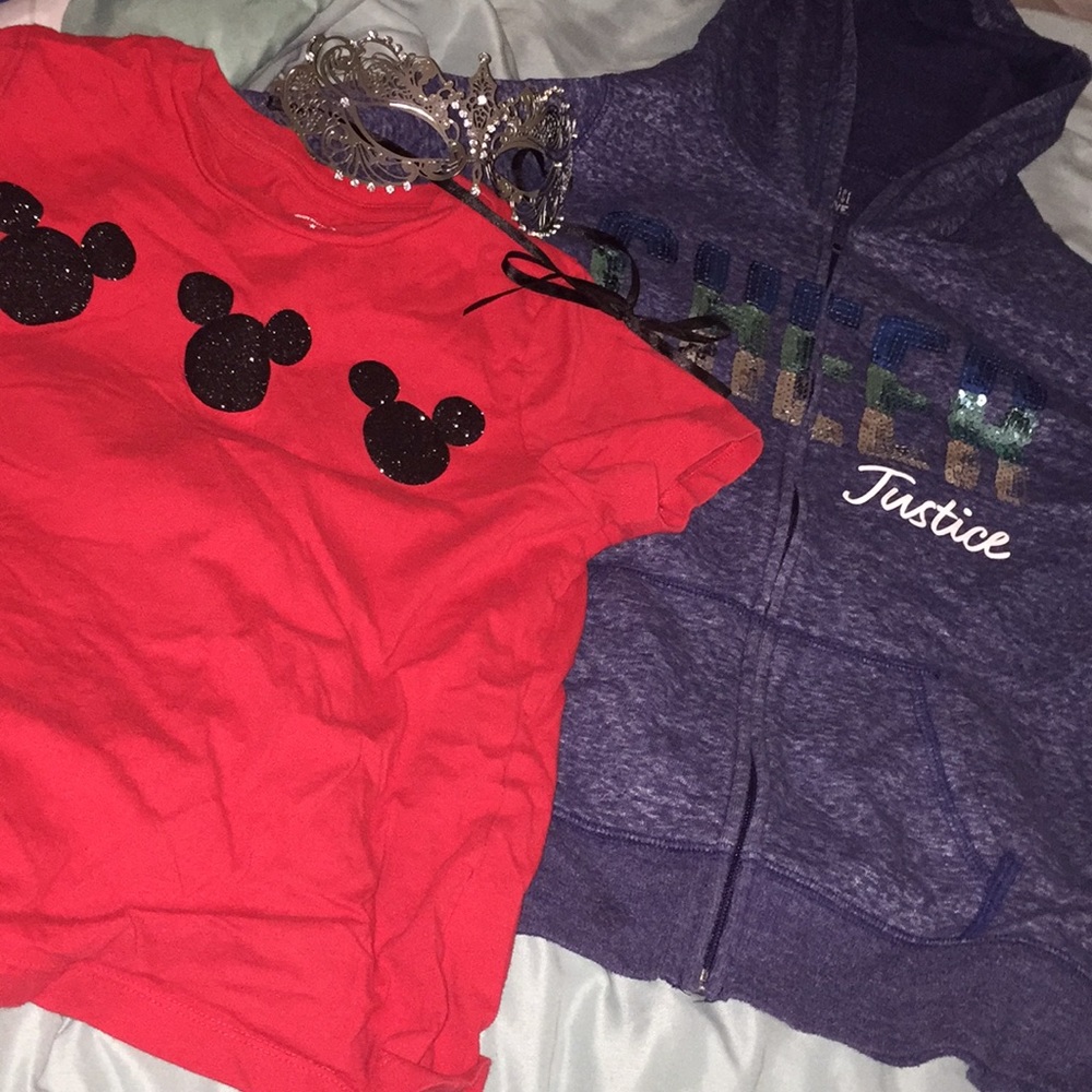Disney shirt ( $10 ) mask ( $3 )  jacket ( $20 )
